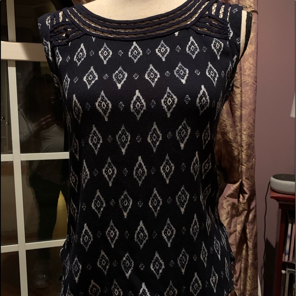 Navy and white tank with detailed scallop hem